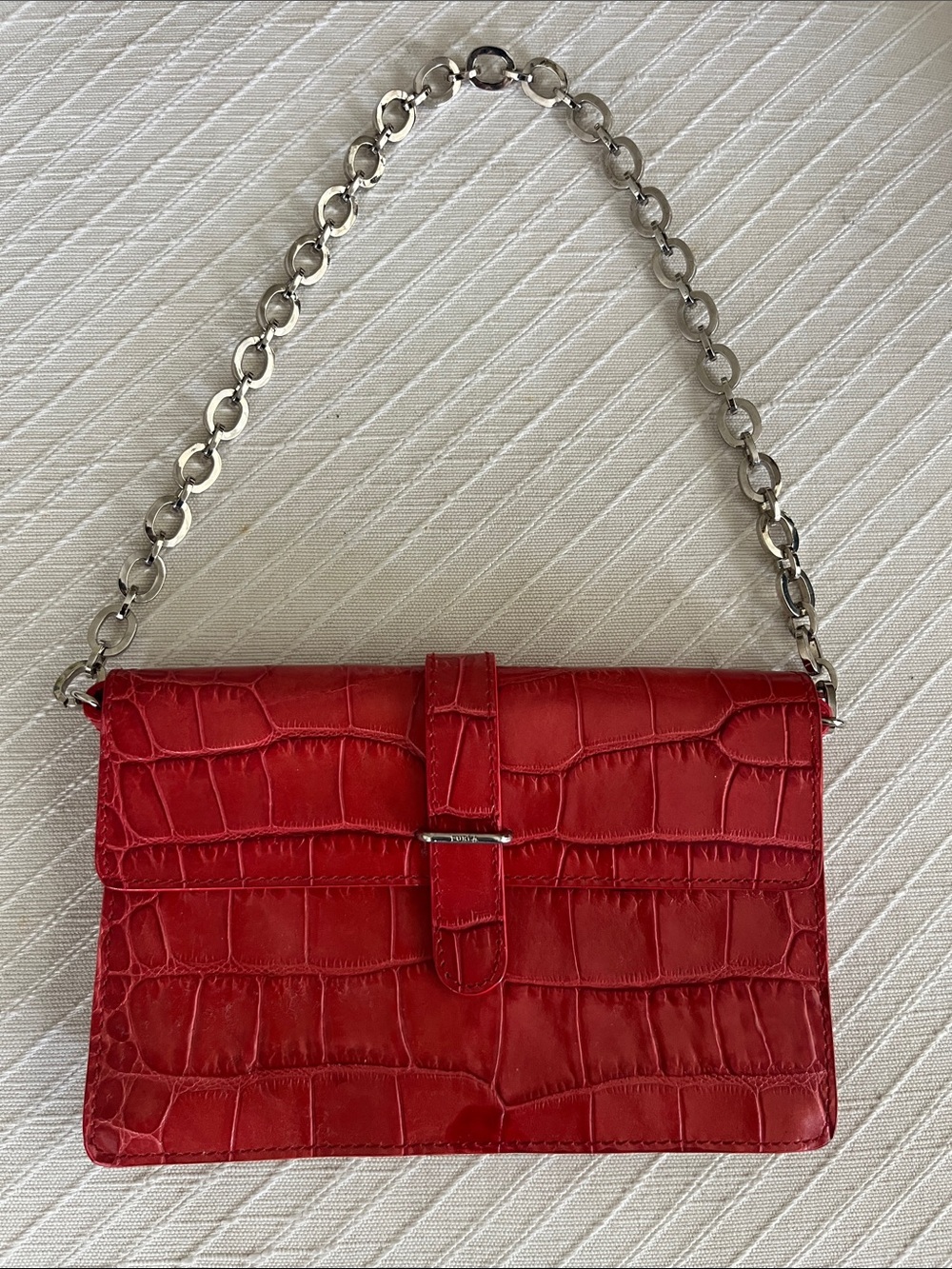 FURLA Red leather Croc-Embossed Shoulder Bag with Chain Strap